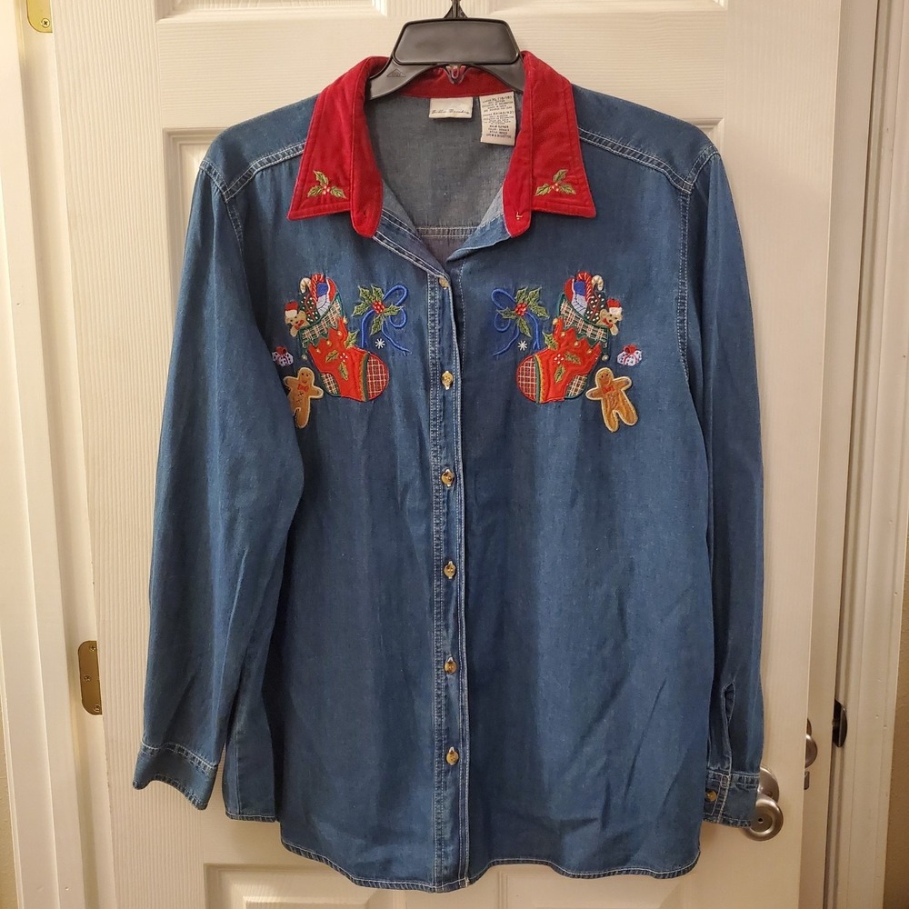 VTG‎ Bobbie Brooks sz XL blue jean Christmas shirt button up festive holiday fun